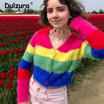 

Ins Hot Rainbow Cropped Cardigan Sweater Women 2019 Autumn Retro Striped Knitted Tops Harajuku Girls Fluffy Soft Jumper Coat