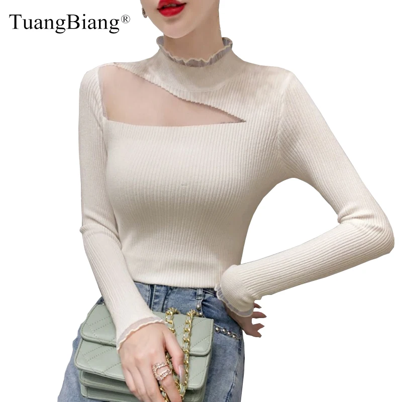 

2020 Autumn Lace Hollow out Long sleeve sweater Women knitted Mesh Slim One Shoulder Off pullovers Patchwork Elastic Ladies Tops