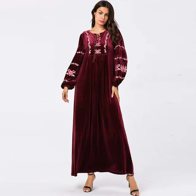 Цветочные бархатные abaya для женщин Дубай мусульманский кафтан женская одежда зима осень длинное платье Зеленый Кафтан vestido manga larga - Цвет: Red dress