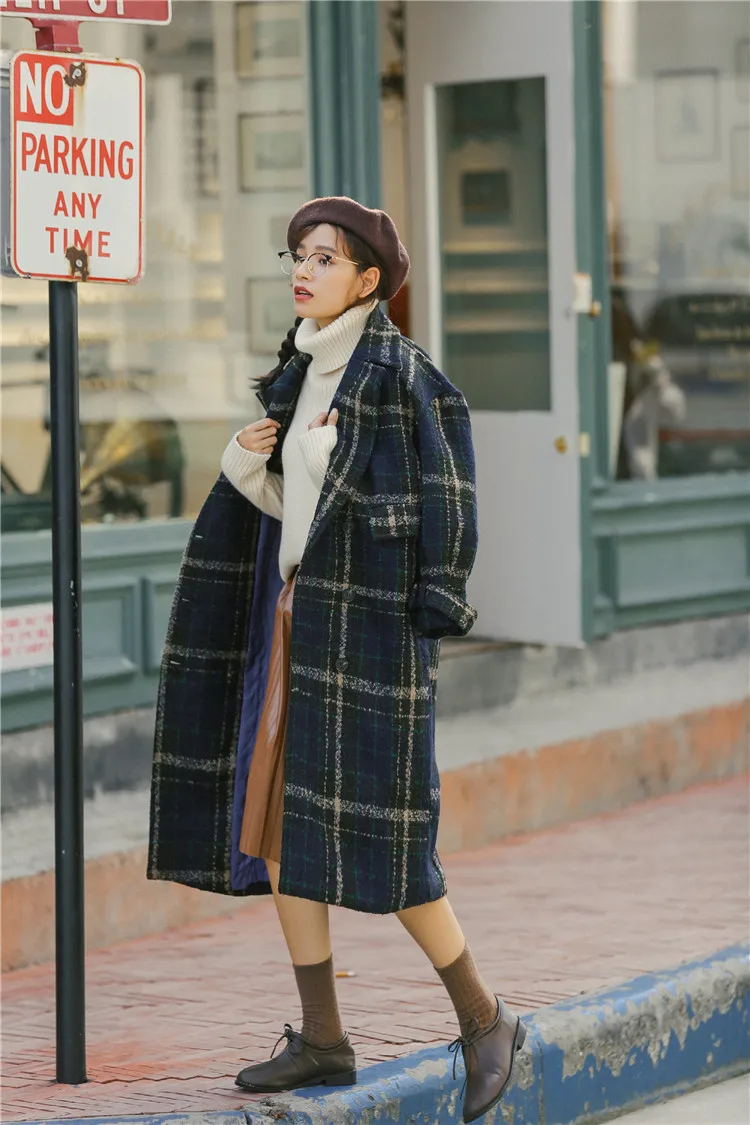 Женское винтажное Элегантное зимнее шерстяное клетчатое пальто большого размера, длинное Бандажное шерстяное пальто, кардиган размера плюс, Manteau Femme Hiver