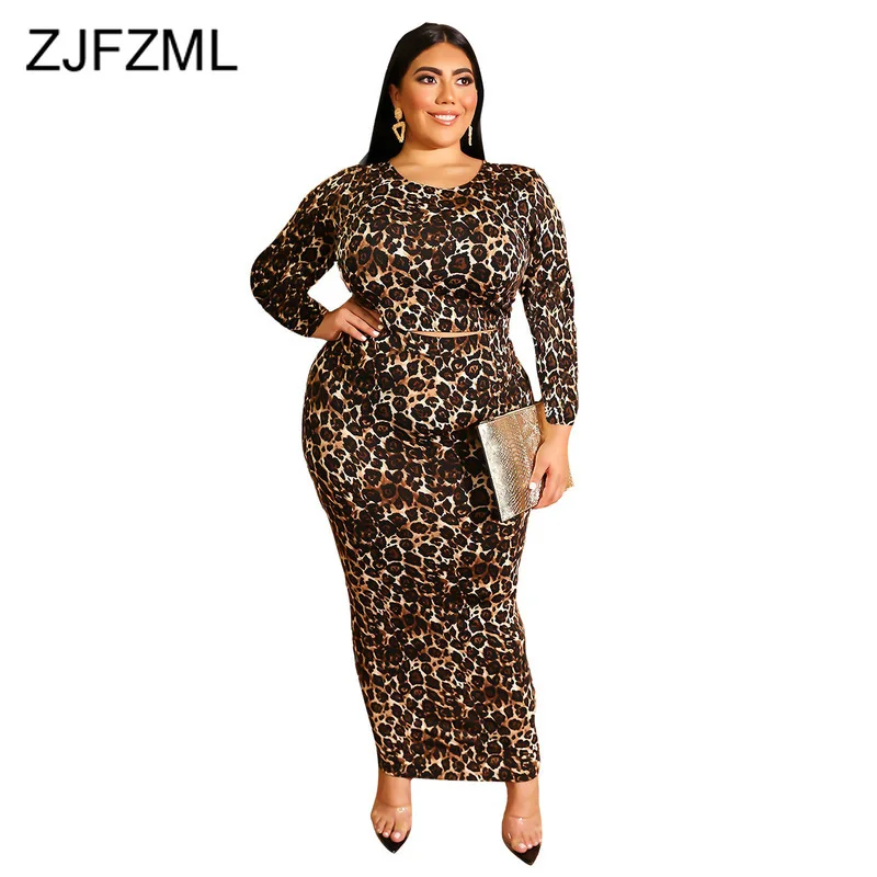 

Leopard Plus Size Two Piece Skirt Set Women Round Neck Long Sleeve Crop Top and Long Bandage Skirts Clubwear 2 Pieces Set Suit