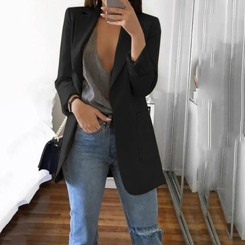 Finest Women's Casual Mid Coat Lapel Slim Cardigan Outdoor Work Suit Jackets Open Front Coat Cloak Jackets