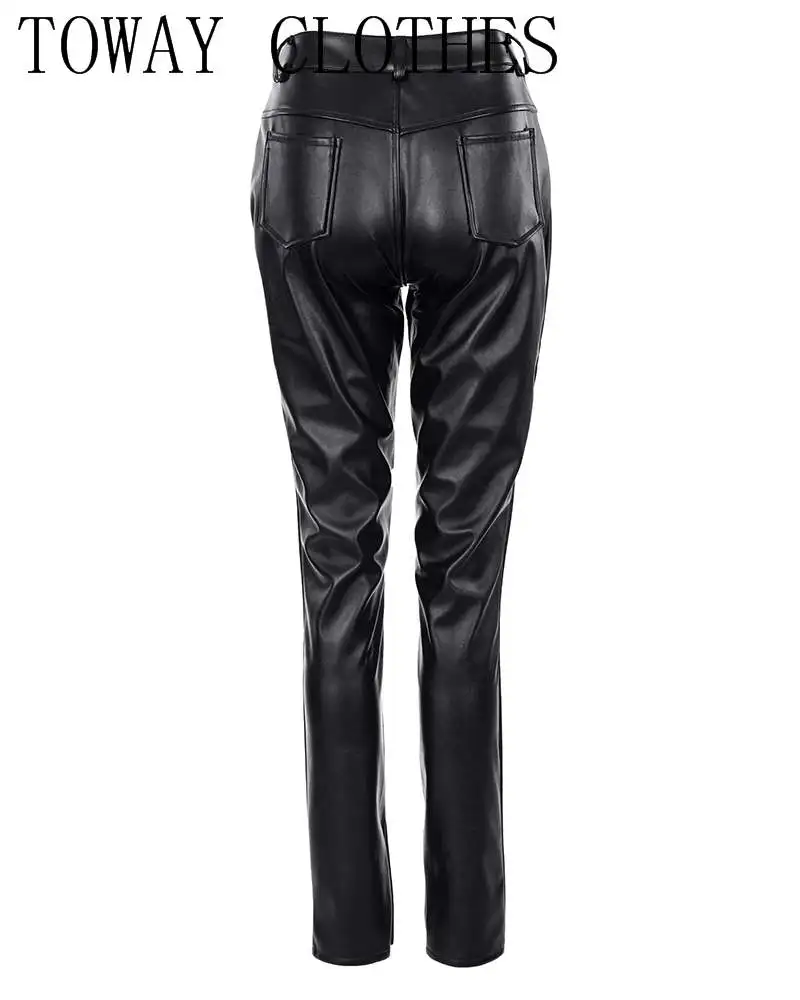 black pants Women Solid Color PU Leather Slit Pocket Design Skinny Pants corduroy pants