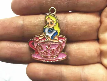 

New 20pcs/50pcs/100pcs Cartoon Alice cup princess color cute DIY Key chain Metal Charm Pendants Jewelry Making DIY gifts