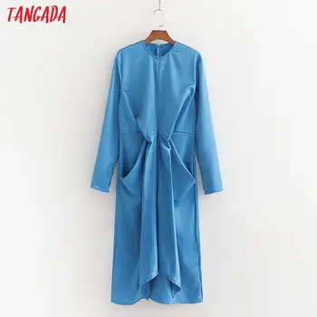 

Tangada women solid blue midi dress pleated bow o neck long sleeve elegant lady party dresses 1D02