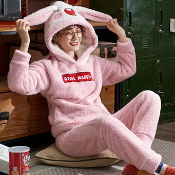 

Large Size Warm Women Pajamas Set Cartoon Flannel Thicken Femme Pajamas Coral Velvet Long Sleeve Pink Rabbit Home Clothes M-5XL