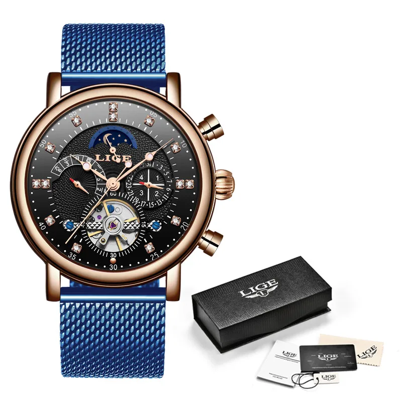 Бренд lige кожаный ремешок мужские механические часы Роскошные Tourbillon светящиеся водонепроницаемые автоматические часы Relogio Masculino - Цвет: 4
