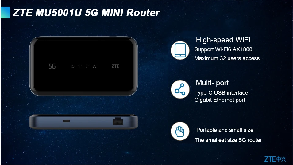 wifi router ZTE MU5001U 5g router with SIM card Mobile Hotspot Sub6 5G Networks Gigabit speed MU5001 2.4 Inch touch screen 4500mAh batter broadband signal booster