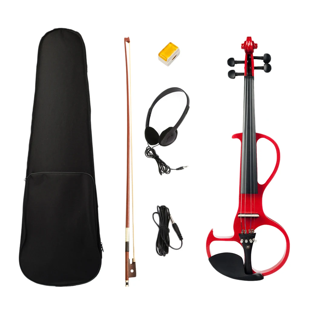 Exquisite Solidwood Electric Silent Violin Red with Rosin Bow Hard Case Headphone Cable, 4/4