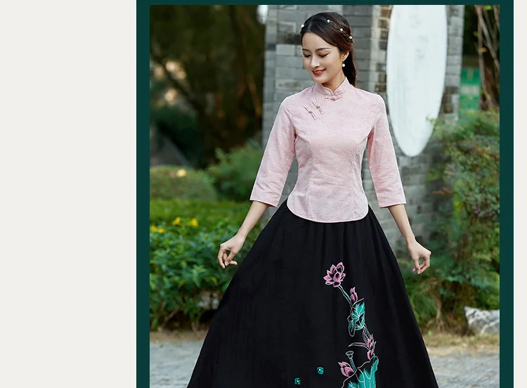 Учебный стиль для женщин с длинными рукавами чистый цвет Qipao жаккард переплетение Улучшенный чёнсам костюм Тан рубашка женская повседневная одежда рубашка