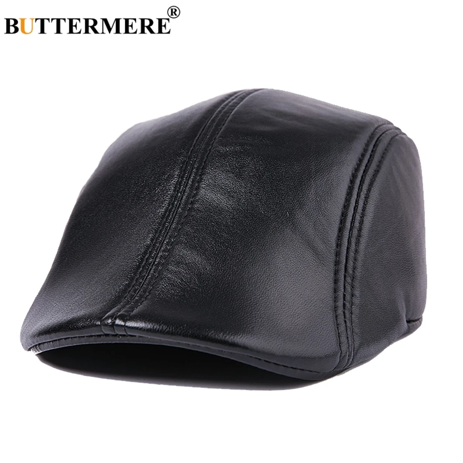 

BUTTERMERE Men Flat Berets Cap Real Leather Casual Vintage Sheepskin Gatsby Cap Winter Warm British Classic Duckbill Hat And Cap