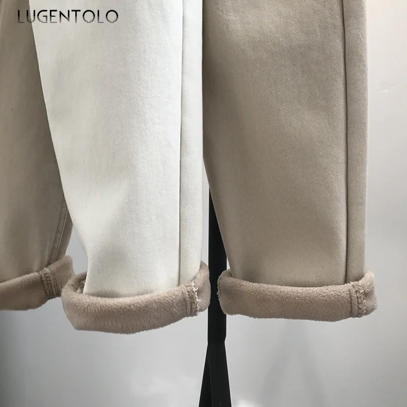 Lugntolo, женские джинсы, зимние, с высокой талией, вельветовые, плотные, повседневные, прямые, одноцветные, на пуговицах, с карманами, длиной до лодыжки, теплые, модные джинсы