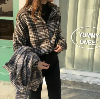 

Plaid Shirt Women's Small Group Winter 2019 Korean Version Loose Long Sleeve Woolen Shirt Fold On Vintage Design Sense Coat