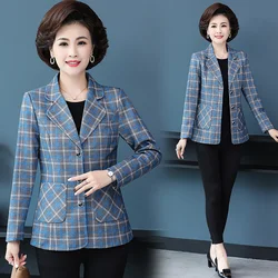 Mãe primavera e outono jaqueta estilo estrangeiro novo feminino all match blusa meia idade e idosos xadrez moda feminina ternos