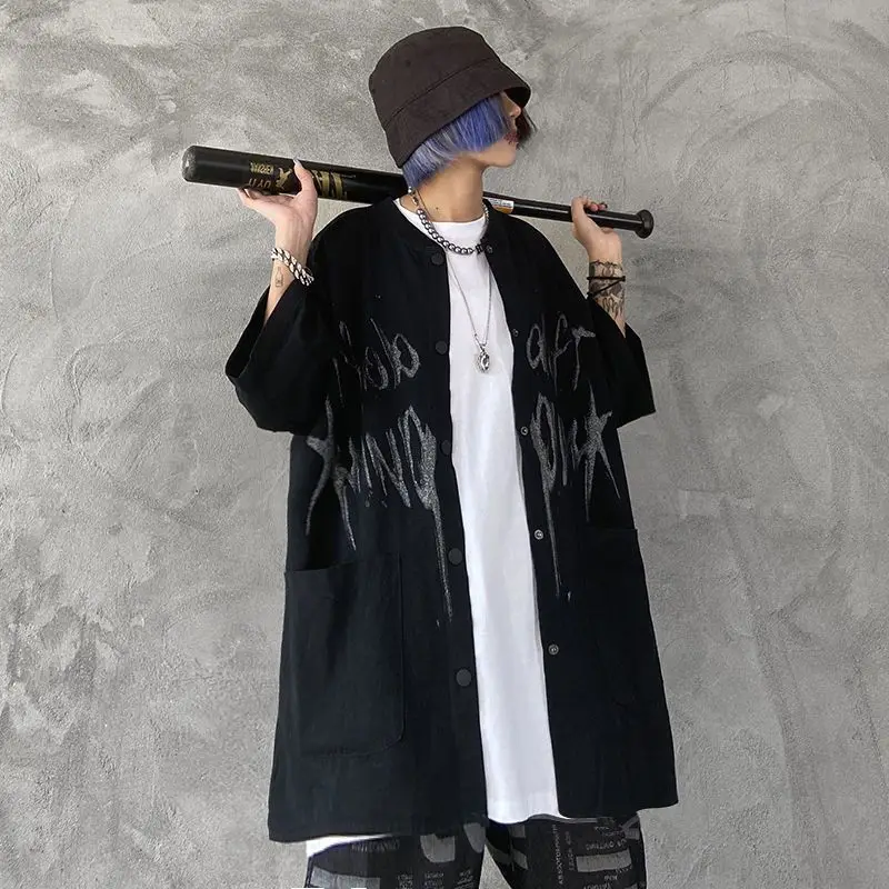 

Летняя темная трендовая рубашка с принтом, свободный Американский бейсбольный кардиган в стиле high street с коротким рукавом, куртка для мужчин и женщин, уличная одежда, Топ