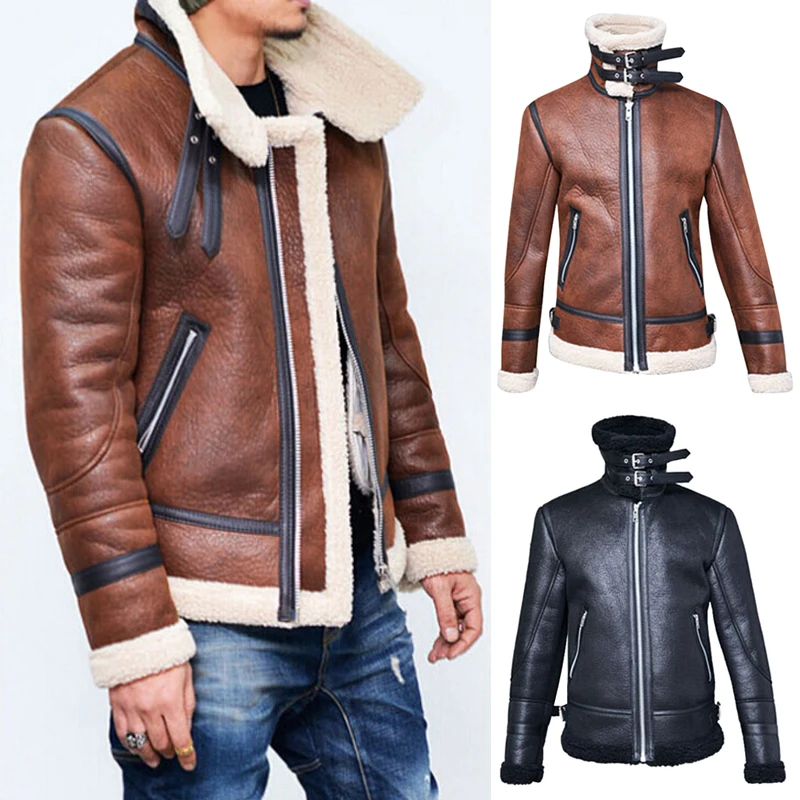 

vogue Nice Winter Men Leather Fur Coat Jacket Slim Faux Leather Motorcycle PU Faur Jacket Long-sleeve Winter Outerwear Coats