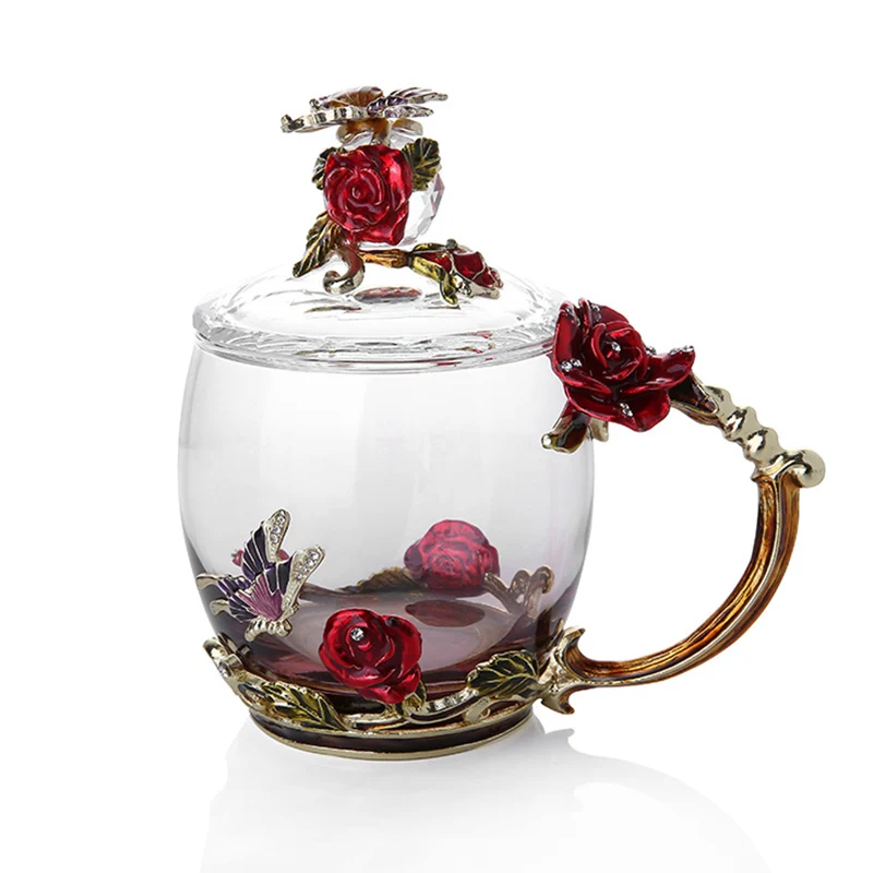 Enamel Coffee Tea Cup Mug 3D Rose Butterfly Glass Cups Wedding Gift HUG-Deals