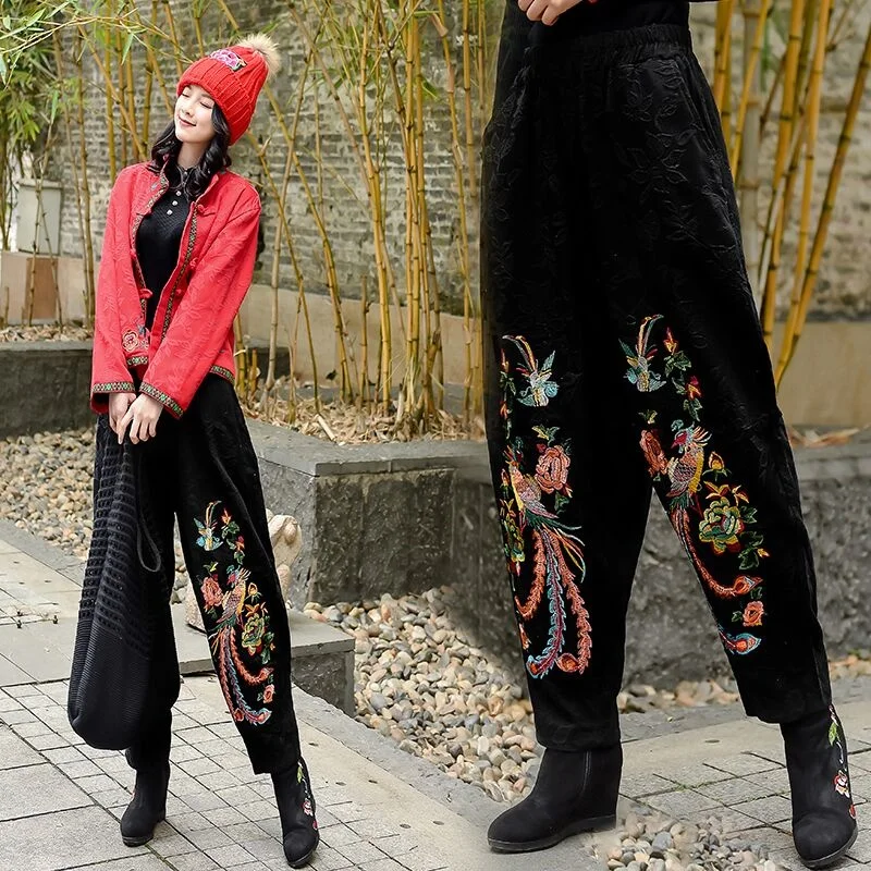 Spring Autumn Women Vintage Ethnic Wind Embroidered Harem Pants Cotton Loose Wide Leg Pants Casual Elastic Waist Trousers TA2136