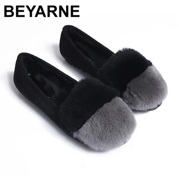 

BEYARNEWinter women shoes rabbit fur square toe wool loafers flat slip on mixed color sandals low shoes Black Big greenE1128