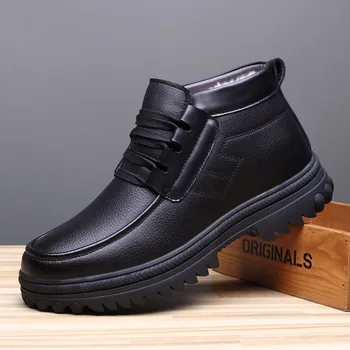 

men's casual business office formal dress warm fur snow boots cow leather winter shoes gentleman wool shoe platform ankle botas