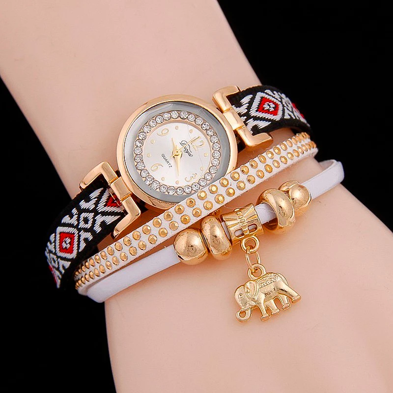 

Vintage Elephant Bracelet RoundWomen Watch Quartz Ladies Wrist unisex Alloy Watch Woven Stud Watchbands Accesorios Mujer relo