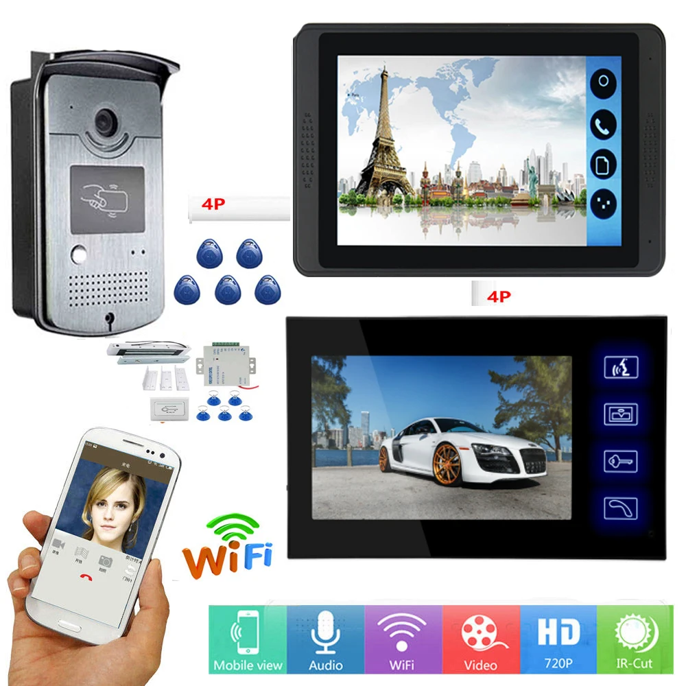 

APP Remote Unlock Video Intercom 7 Inch WIFI Wireless Video Door Phone Doorbell RFID Access Speakerphone Intercom KIT+Door Lock