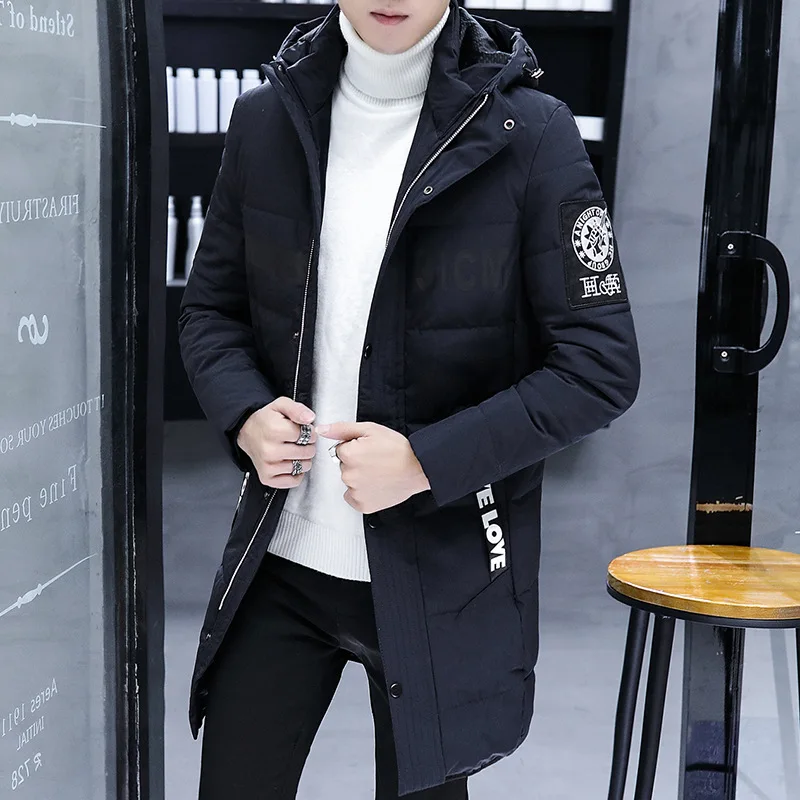

Winter Men's Warm Mid-length down Jacket Fashion Hooded Solid Color Men down Feather Coat Cold Trend Men'S Wear