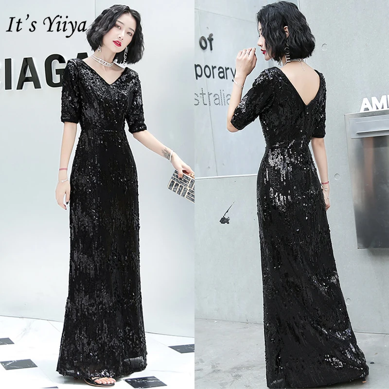 

It's Yiiya Formal Evening Dress For Women Deep V-Neck Evening Dress Long K023 Robe De Soiree Black Elegant Formal Gowns 2020