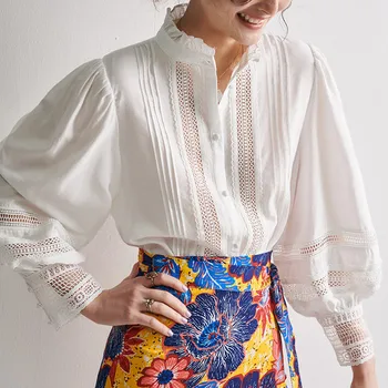 

Ruffles O-neck Single Breasted Shirt Women Lantern Sleeve Hollow Out Casual Top Spring Summer Blouse