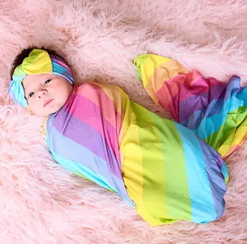 

Universal Blanket with Headband Baby Newborn Boys Girls Soft Cotton Rainbow Printed Wrap Photo Blanket Sleeping Swaddling Sets