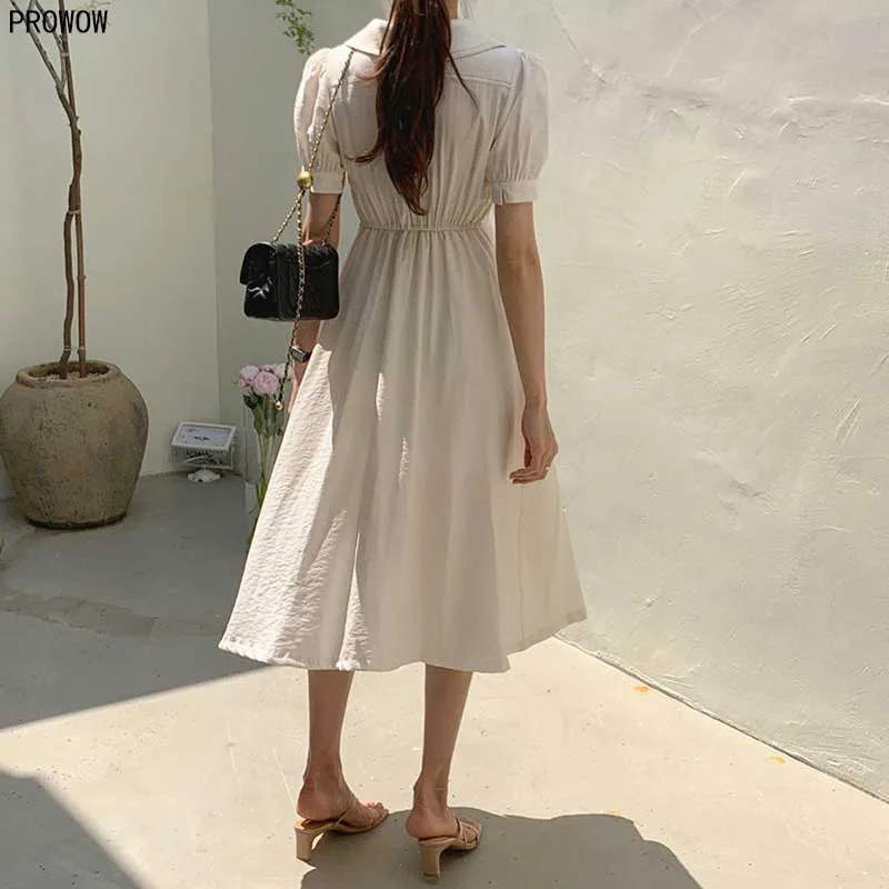 Korean Chic French Slim Women Dress 2020 Summer New Retro Chiffon Lapel Puff Sleeve Midi Dress Ladies Elegant Party White Dress