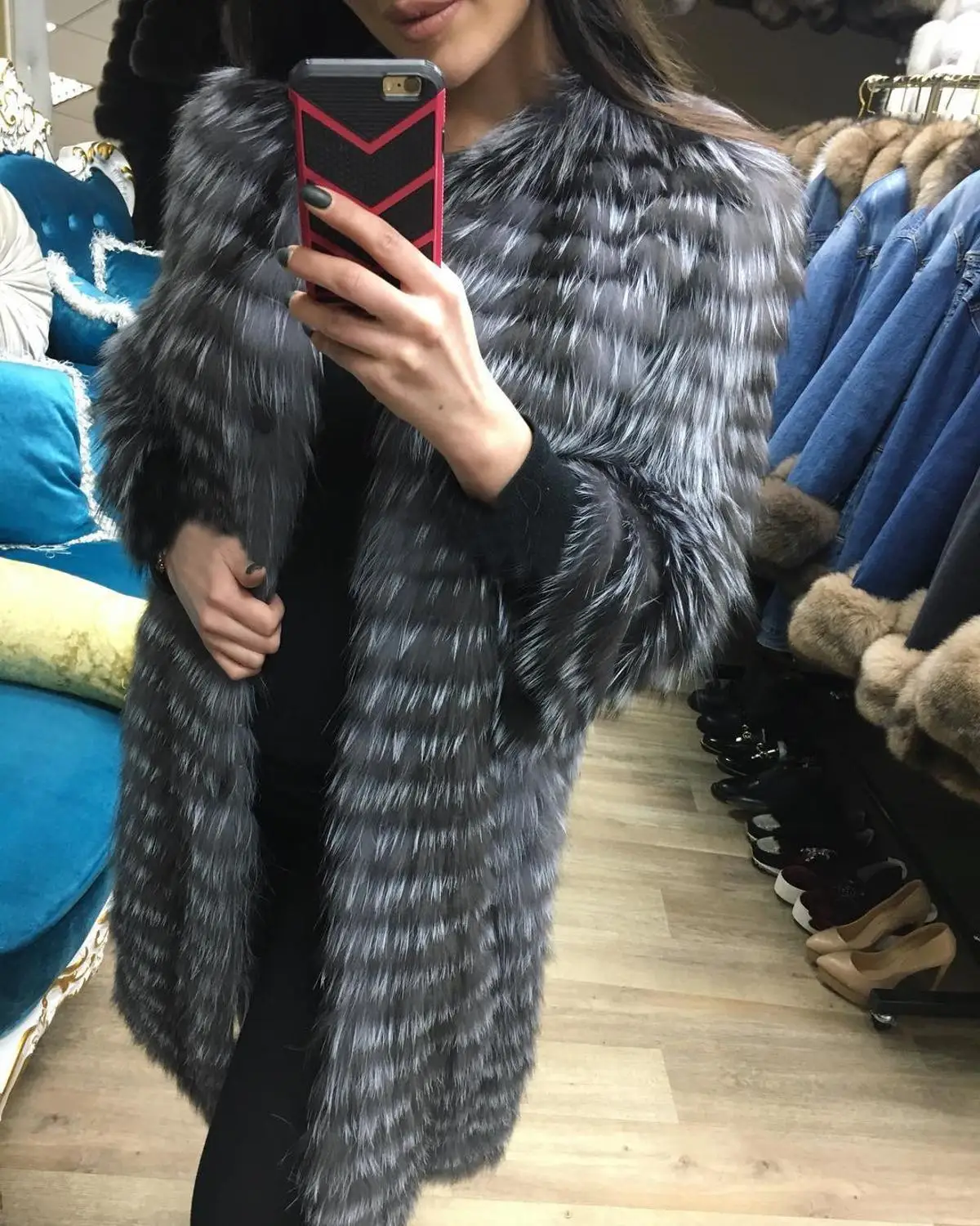 Новинка, женское длинное пальто из натурального серебристого лисьего меха, стоячий воротник, натуральный мех, Женское пальто из натурального Лисьего меха, настоящая зимняя модная FC-144