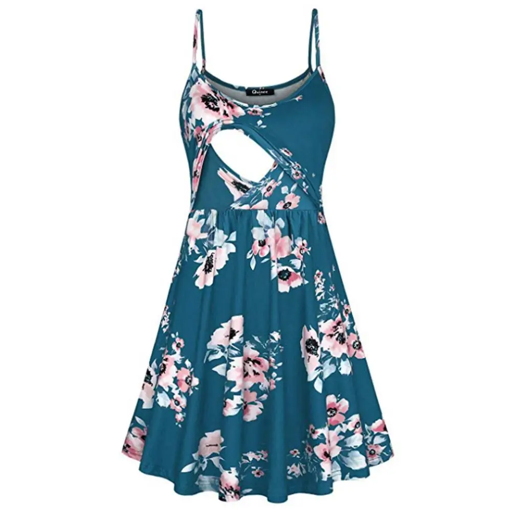 blue-green Kuulee кормящих Материнство платье Мода Цветочный Принт спагетти StrapDresses для грудного вскармливания - Цвет: blue-green