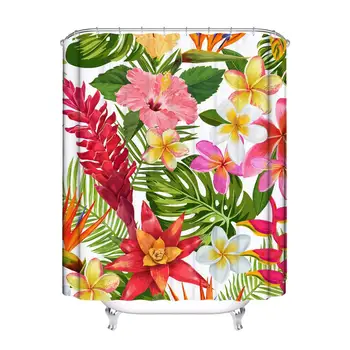 

Modern Fashion Floral Leaves Shower Curtain Durable Mildewproof Bath Curtain Waterproof Odorless Bathroom Curtain with 12pcs