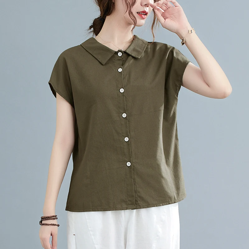 

Vintage Minimalist Peter Pan Collar Blouse Women Casual Cotton And Linen Tops Ladies Elegant Plus Size Shirts Woman