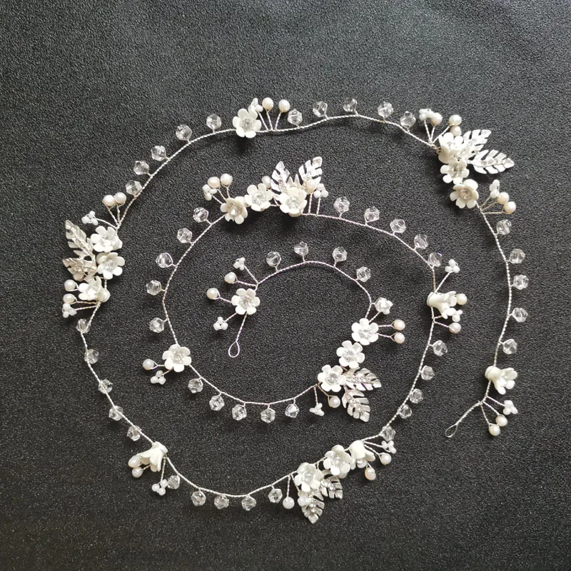 SLBRIDAL, серебряные, проводные, хрустальные стразы, Пресноводный Жемчуг, цветок, свадебные аксессуары для волос, лоза, свадебная повязка на голову, для подружек невесты