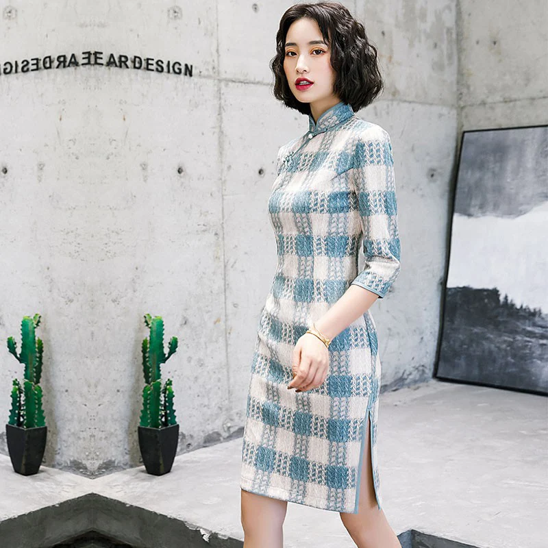 Модное женское короткое платье Cheongsam в китайском стиле с воротником-стойкой, весеннее Замшевое платье на пуговицах, тонкое платье для вечеринок Vestido M-4XL