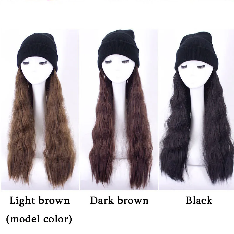 Модный длинный парик, Женский светильник, коричневый цвет, длинные вьющиеся волосы, шапка, парик для одной женщины, вязаная шерстяная шапочка, рулон, кукуруза, горячая кудрявая черная шляпа для девушек