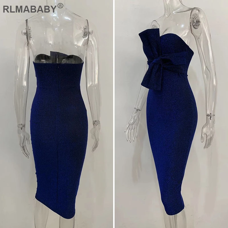 Rlmaaby, 7 цветов, блестящее, элегантное, Бандажное, с бантом, вечерние, без бретелек, с открытой спиной, облегающее, миди, платье, сексуальное, для женщин, Осень-зима, платье