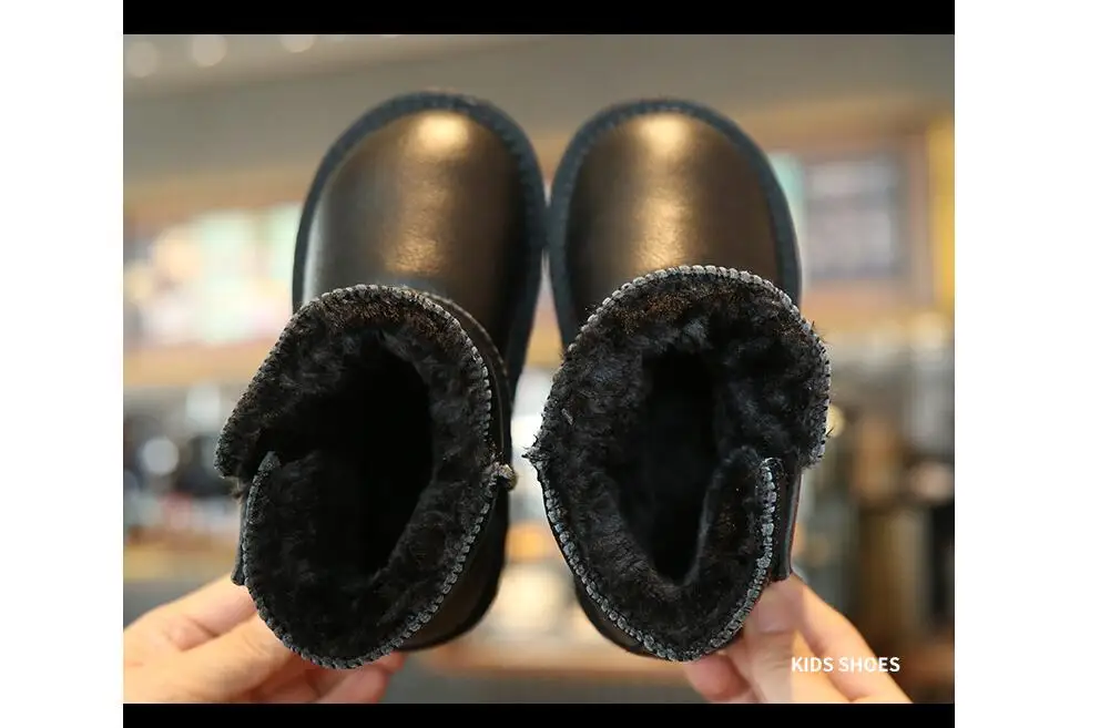 Зимние детские теплые ботинки из толстого плюша ботинки из натуральной кожи для малышей ботильоны унисекс для мальчиков и девочек размеры 21-37