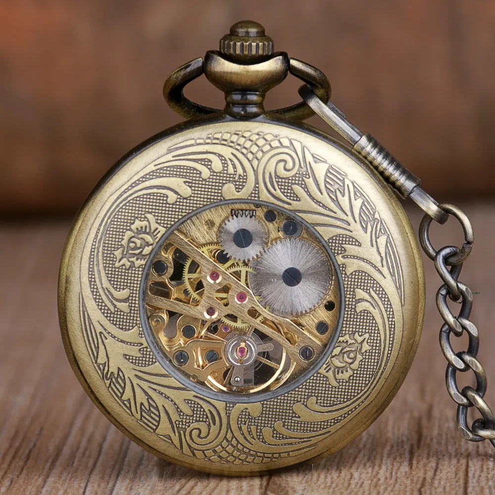 New Hand Wind Mechanical Pocket Watch With Fob Chain Mens Hollow Skeleton Dial Bronze Steel Steampunk Pocket Watch Best Gifts