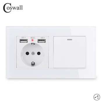 

COSWALL EU Russia Wall Socket With 2 USB Charge Port + 1 Gang 2 Way On / Off Stair Rocker Light Switch Switched Glass Panel