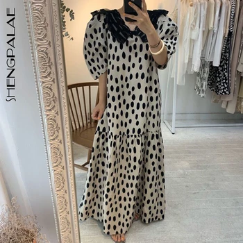 

SHENGPALAE 2020 New Summer Women Vintage Loose High Waist Slim Was Thin Elegant Circle Dot Folds Puff Sleeve Maxi Dress ZA4905