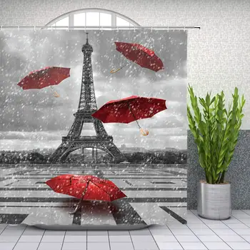 

Eiffel Tower Shower Curtain Red Umbrella Rainy Landscape Bathroom Waterproof Polyester Fabric Home Fashion Bath Decor