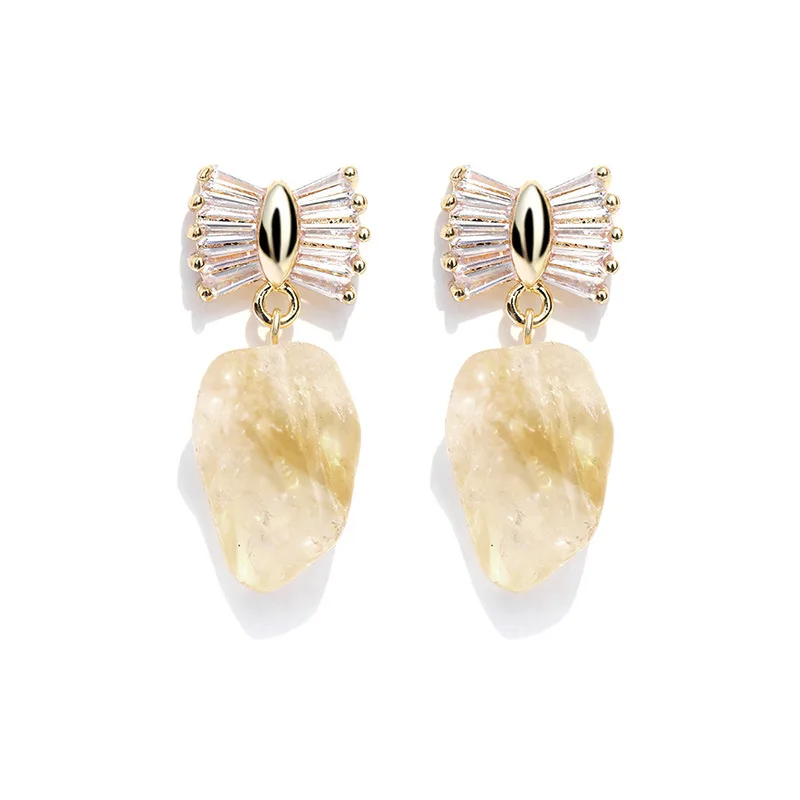 

S925 Silver Needle Zircon Bowknot Earrings Irregular Amber Female Elegant All-match Fashion Earrings