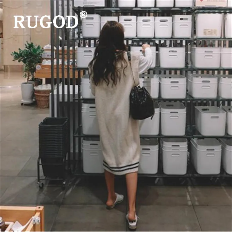 RUGOD, новинка, корейский стиль, v-образный вырез, вязаный, без рукавов, свитер для женщин, плюс размер, длинный свитер, жилет, алмазная ткань, платье для девушек
