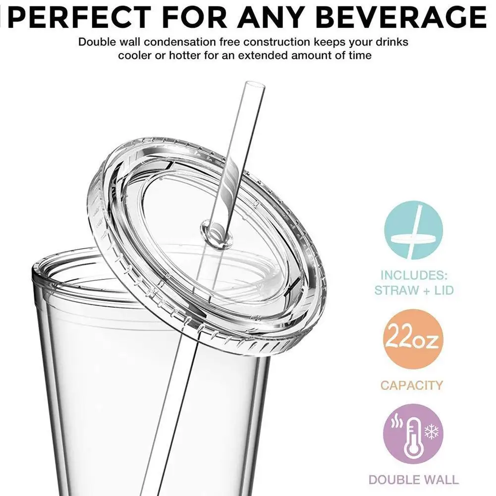 1Pc 500ml Double-walled Ice Cold Drink Coffee Tea Cup Iced Plastic With Reusable Straw Smoothie Mug Travel B1E2 | Дом и сад