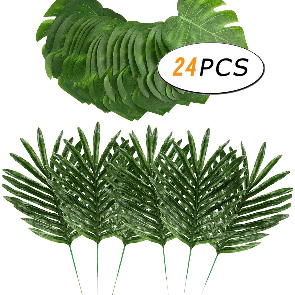 

24 pcs/lot Green Artificial Tropical Palm Leaves Party Plants Hawaii Jungle Wedding Party Plant Table Home Decorations