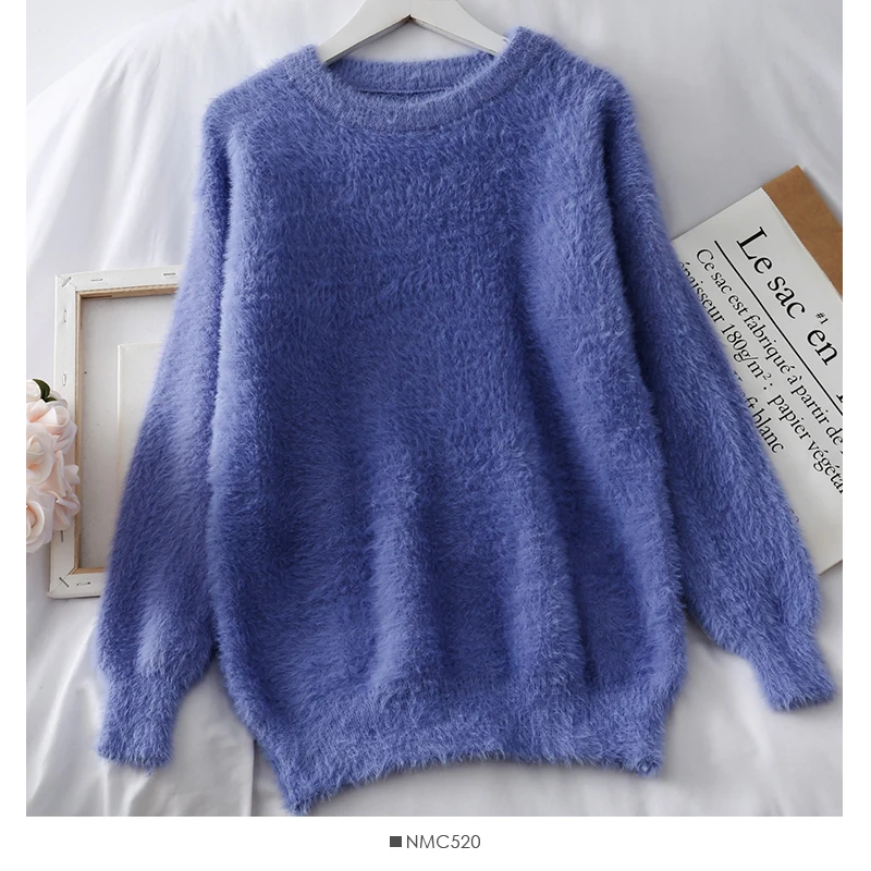 Свитер большого размера, корейский пушистый норковый кашемировый зимний свитер для женщин, женский джемпер 2019, вязаный Свободный пуловер с