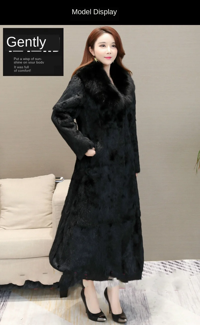 Длинное женское пальто из натурального кроличьего меха с воротником из лисьего меха, осенне-зимнее теплое пальто больших размеров, верхняя одежда для женщин из натурального меха